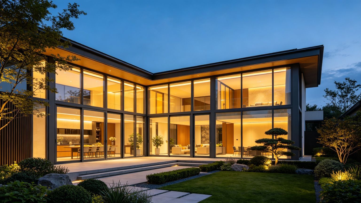 Modern villa with full-height glass windows and doors